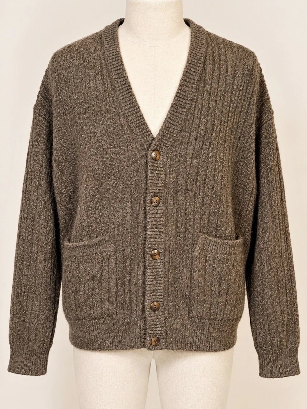 John Blair Men's Large Brown Ribbed Knit V Neck Button Cardigan Sweater